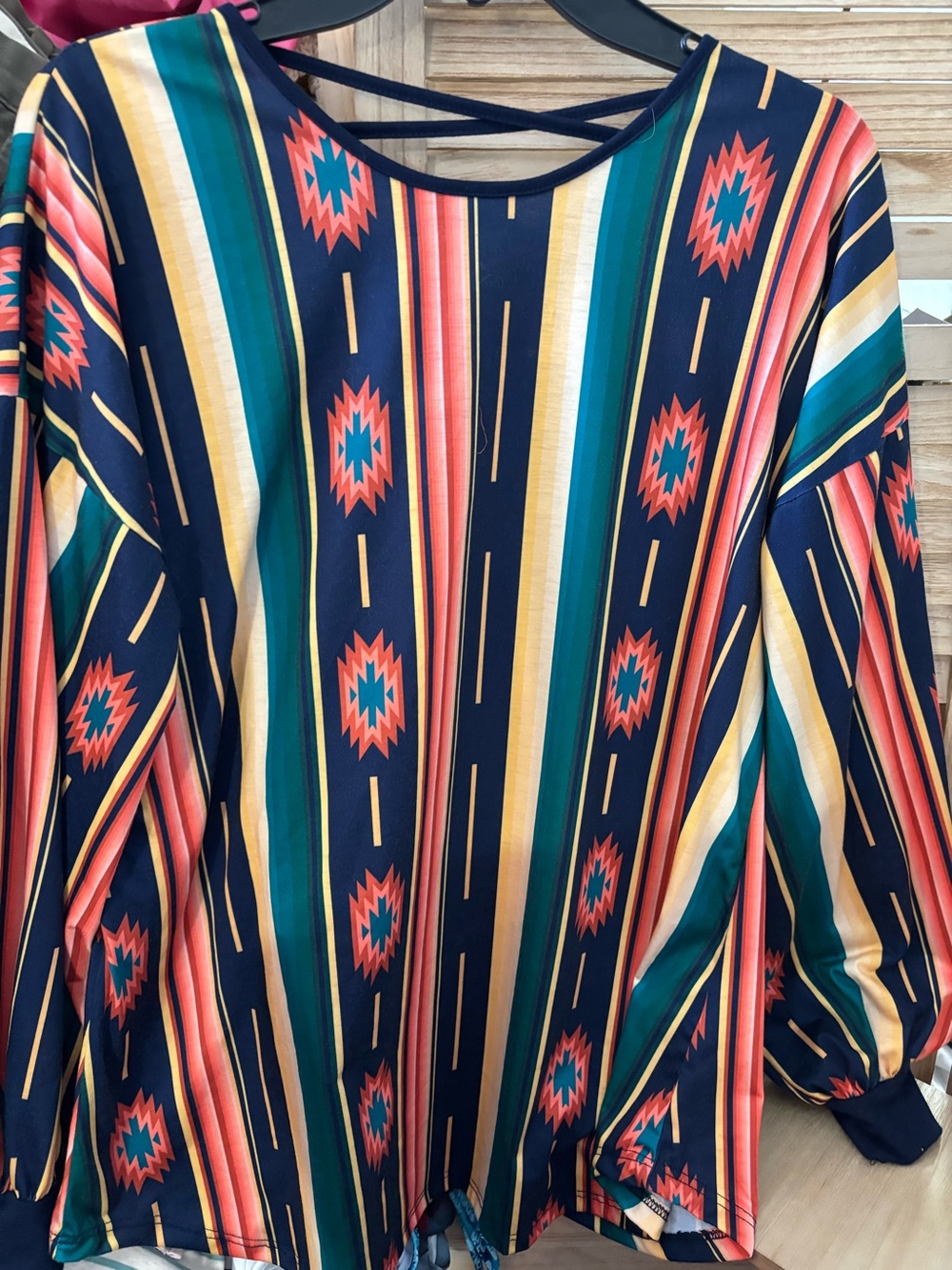 Southern Stitch Navy Multicolor Striped Aztec Print Top Medium